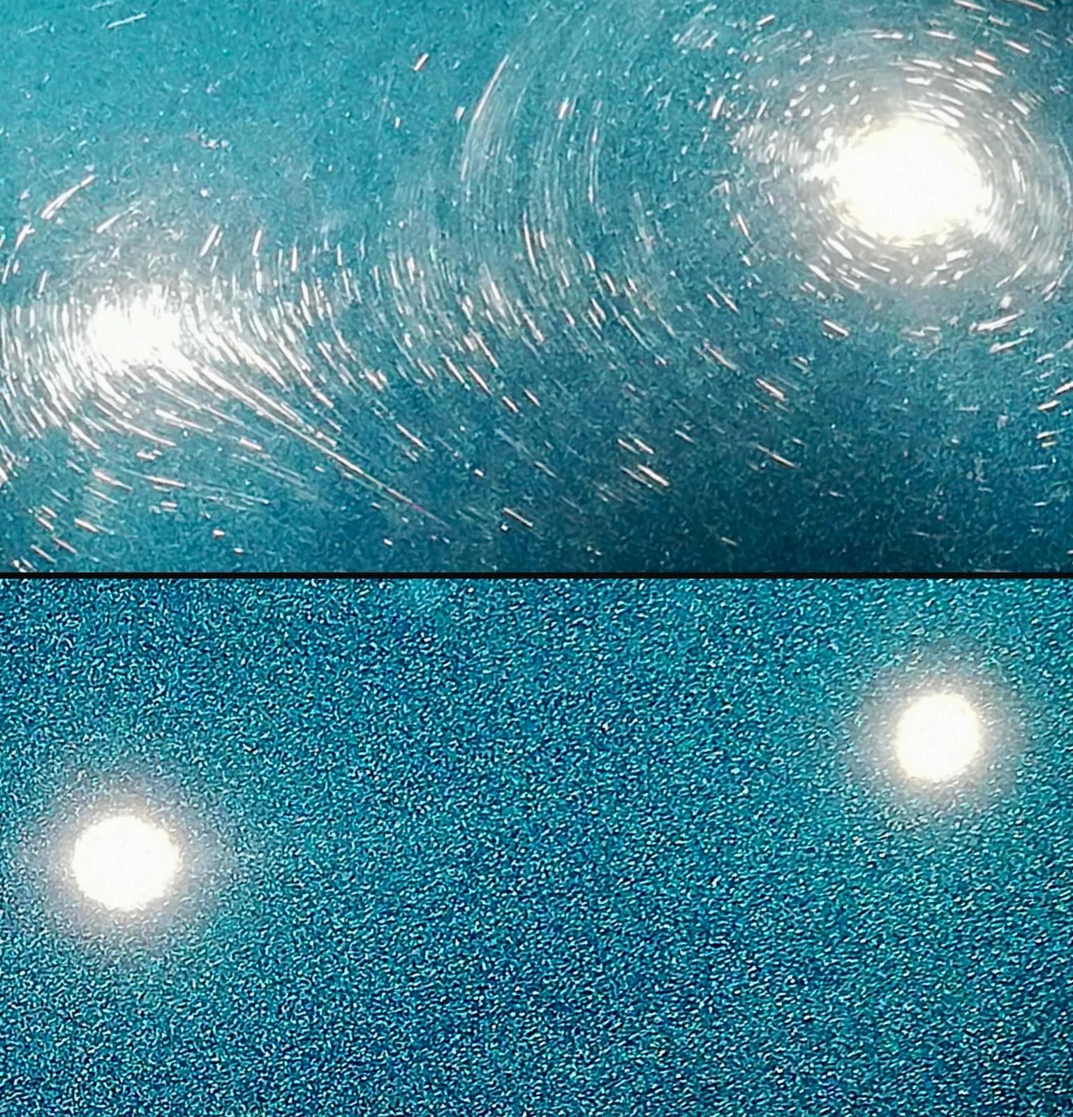 Paint correction before and after showing swirl mark removal