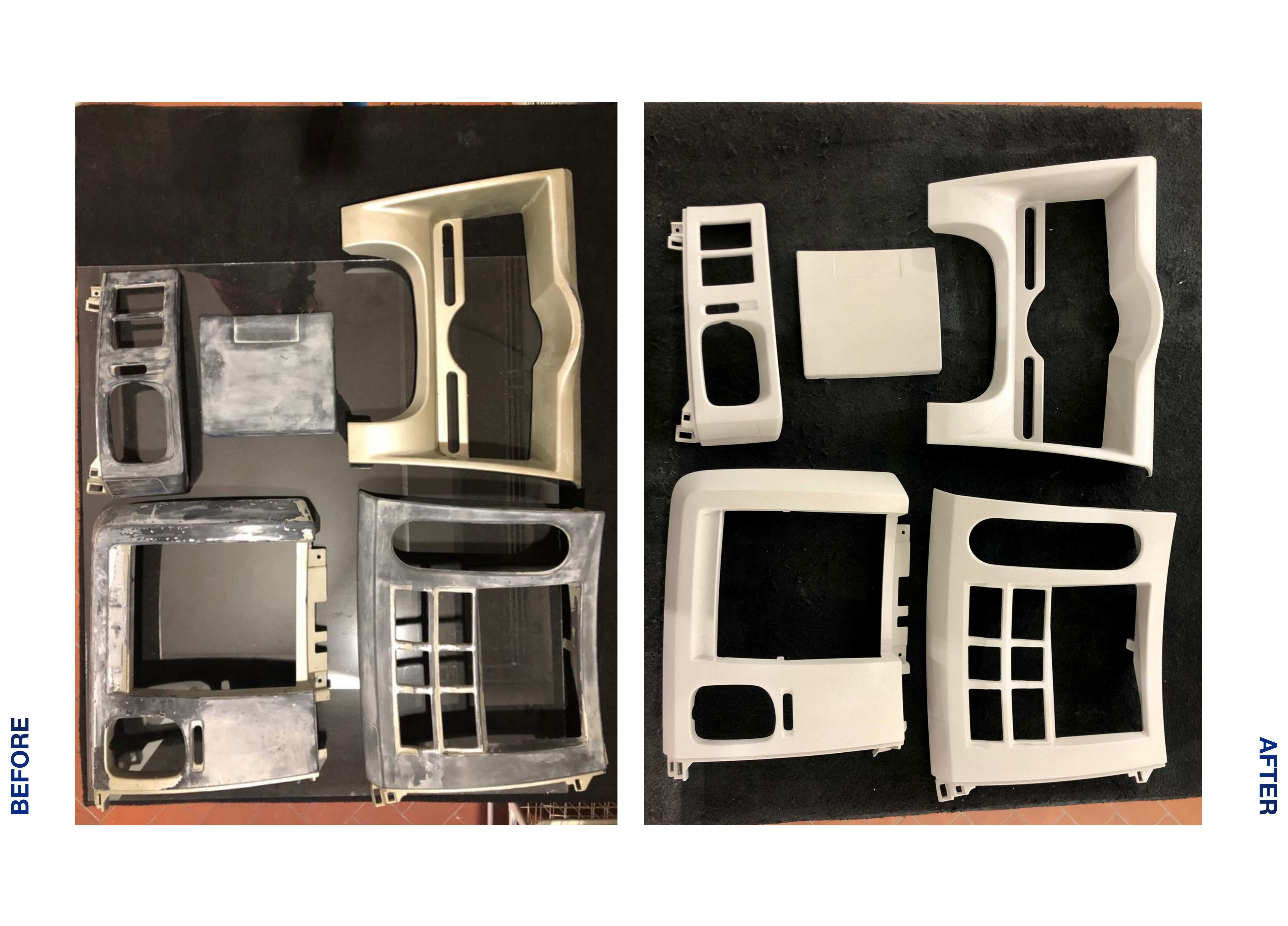 Before and after center console restoration